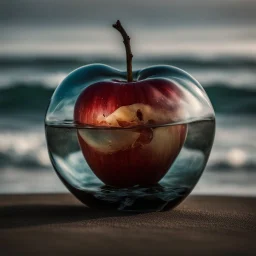 lovely double exposure image by blending together a stormy sea and a glass apple. The sea should serve as the underlying backdrop, with its details subtly incorporated into the glossy glass apple, sharp focus, double exposure, glossy glass apple, (translucent glass figure of an apple) (sea inside) lifeless, dead, glass apple, earthy colors, decadence, intricate design, hyper realistic, high definition, extremely detailed, dark softbox image, raytracing, cinematic, HDR, photorealistic (double exp