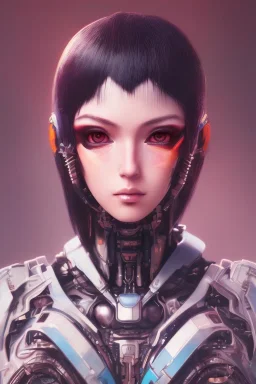 Futuristic anime cyborg, portrait from waist up, intricate eyeliner, vibrant eyeshadow, clear completion, soft lighting, 4k resolution, intricate details, insanely detailed, colorful cityscape background, masterpiece, expert, cinematic smooth, retroanime style, realistic details, no helmet, pastel hair color