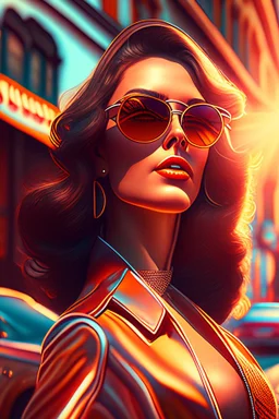 supper star, detailed face. Beautiful woman. big retro sunglasses, Full body ,standing pose,highly detailed, hyperdetailed standing on street, complex, 8K, HD