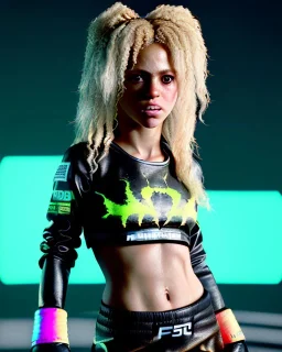 portrait, Shakira, blonde artist, angry, Realistic image, MMA robe, hoodie, mma gloves, fight pose, make-up make-up, gold line make-up, sweat, fog, goddess style, Neon colors, leds. Black background, photo studio, concept art, smooth, unreal engine 5, god lights, ray tracing, RTX, lumen lighting, ultra detail, volumetric lighting, 3d, finely drawn, high definition, 4k.