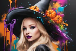 Dove Cameron as a beautiful Halloween witch. graffiti art, splash art, street art, spray paint, oil gouache melting, acrylic, high contrast, colorful polychromatic, ultra detailed, ultra quality, CGSociety