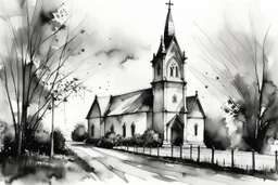 Portrait of an English church in black and white wet watercolour