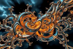 Dynamic complex hypnotic fractal 3D with horizontal Symmetry structures twisting and morphing between organic and geometric forms, smooth translucent iridescent glass with inner glow and bubbles, varied transparent materials, stormy skies, intense dramatic