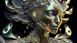 figure of a woman, art from the "art of control" collection by Jasper Harvey, in the style of futuristic optics, silver and gold, flower, bird, detailed facial features, swirling vortices, glowing, 8k 3d, bizarre cyborgs, made of crystals, high detail, high resolution, 8K