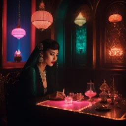 [Retro Vibes, Sacred Haze] In the dimly lit room, a woman sat at the small table, her presence exuding an air of mystery and sophistication. The room was adorned with vintage decor, transporting her to a time when retro vibes and sacred haze hung in the air like a veil of intrigue. The flickering neon lights outside cast a mesmerizing glow, adding to the allure of the scene.In the style of Hugo Pratt, the woman's features were rendered with a sense of elegance and strength. Her eyes held a depth