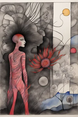 Schiță în creion de Jean Cocteau reprezentand o imagine pe tema natura statica onomastica cu nume de flori , cu culori primare tari, fantezie de înaltă definiție calitate clară, stiluri de Utagawa Hiroshige, Paul Klee Dee Nickerson și Tim Burton, acuarelă topită și contururi de cerneală neagră pe hârtie umedă, linii moi, umbrite