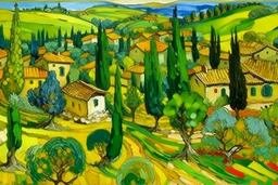 A yellow village with olive trees in daytime painted by Vincent van Gogh