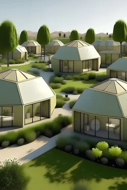 exterior 3d max Two-room hexagonal chalets, five chalets, a zoo, a hexagonal restaurant, large recreational spaces, a desert, green spaces, and a fountain. high quality