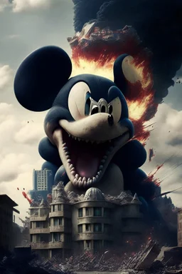 MICKEY MOUSE WITH ACCURATE EYES AS A HUGE GODZILLA DESTROYING BUILDINGS IN SOUTH AFFRICA, PHOTOREALISTIC 4K