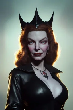 Lauren Bacall as evil queen in black leather, leather, busty, cleavage, angry, stern look. character design by cory loftis, fenghua zhong, ryohei hase, ismail inceoglu and ruan jia. unreal engine 5, artistic lighting, highly detailed, photorealistic, fantasy