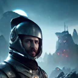 Epic Character design, strong Male space soldier wearing metal armor black, mist, photorealistic, octane render, unreal engine 5 style, ultra detailed, volumetric lighting, Dark Alien planet, 25 year old man with helmet and beard