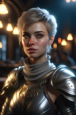 portrait of a beautiful female paladin, short messy ashen hair, pale eyes, dressed in a revealing ornamented light plate armor, standing in a tavern, realistic dim lighting, pale skin, petite, cinematic lighting, highly detailed face, very high resolution, holy, looking at the camera, smooth skin