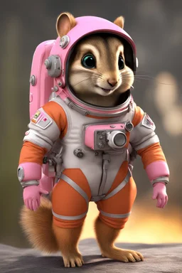 Cute 3d animated chipmunk, she is an astronaut with a pink astronaut suit on