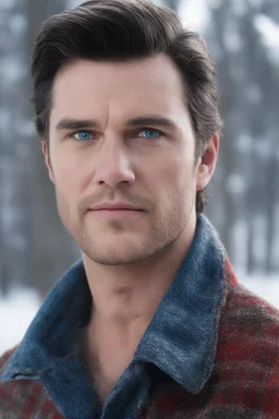 Blue eyes, close-up facial portrait - a Bright, well-lit UHD, 1080p 32k, photograph - winter time, hunting season, part Jesus Christ, part Elvis Presley with a mustache and short crew-cut hair, part Lee Majors, Part red and black checkered wool coat, blue jeans, cowboy boots, plaid shirt, sunbursts, crosses, 3D lighting, diamonds, hearts, Butterflies, Clovers, Roses, extremely colorful,