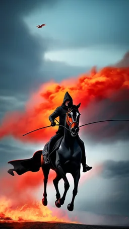 A black hooded with cane horse , man on a black wild horse jumping on fire ,red clouds in the sky with storm and cinematic scene 4k