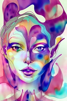 Art print of a beautiful woman in a captivating geometric form. The intense emotion or burst of creativity is emphasized by the colorful spots surrounding the waist, her clear glass lips, heavenly cheeks and sculpted legs. The abstract watercolor-inspired background adds depth and complexity to this visually stunning and conceptual piece.