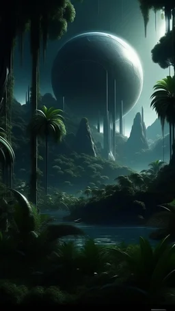 sci fi planet, tall smooth jungle city, dark