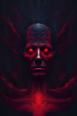 The ego is lost in the dark meanders of the mind where horrible monsters hide, mental disease, surrealism, cosmic black and red, intricate background, Neo-Gothic digital glitch art, photorealistic