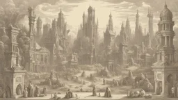 Depiction of an elaborate fantasy cityscape with various architectural styles, including classical and gothic elements, with statues of humans, animals, birds, and mythical figures with multiple levels of buildings.