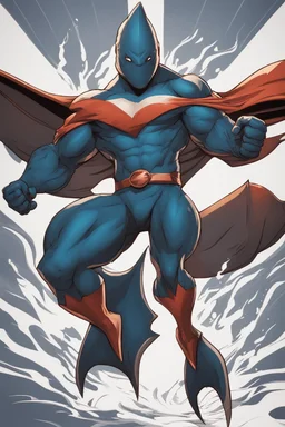 A superhero suit with a sleek and powerful, with a shark-inspired design. It would have a dark blue colour scheme, sharp lines, and a fin-like cape, representing his strength and determination.