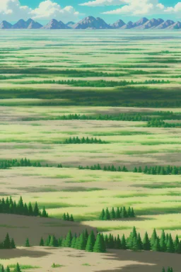 A panoramic view of post-apocalyptic Alberta with scattered biodomes amidst vast expanses of a dust desert. The dome structures, glistening under the harsh sun, appear as lush green oases in the desolate landscape.