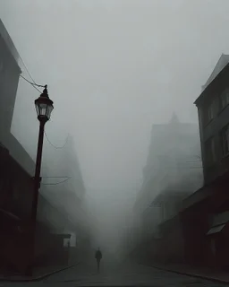 Dark street life creepy fog colours strong texture hgt nightmare 8k artistic Photography volumetric light, Yves Tanguy Max Ernst splop