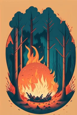 perfect round ball burning in a bonfire inside a forest, 2D flat illustration style, monoline, 3 colors max