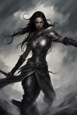 A female elf with skin the color of storm clouds, deep grey, stands ready for battle. Her long black hair flows behind her like a shadow, while her eyes gleam with a fierce silver light. Despite the grim set of her mouth, there's a undeniable beauty in her fierce countenance. She's been in a fight, evidenced by the ragged state of her leather armor and the red cape that's seen better days, edges frayed and torn. In her hands, she grips two swords, their blades spattered with an eerie green blood