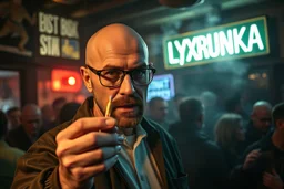 man looking like "Walter White" in breaking bad tv show, bald and goatee glasses, holding condoms in a crowdy slum bar, smoke and light from windows. a sign with the word "LYXRUNKA" on the wall