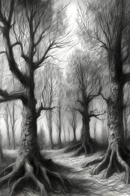 charcoal drawing trees landscape intricae