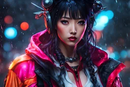 Kurumi in 8k sci-art drawing style, Kurumi custom, neon effect, close picture, rain, apocalypse, intricate details, highly detailed, high details, detailed portrait, masterpiece,ultra detailed, ultra quality