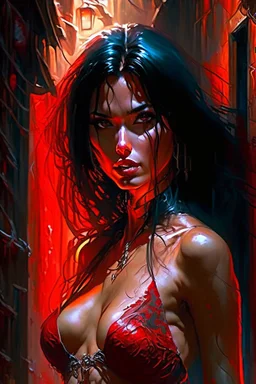 In this mesmerizing digital art piece crafted by the talented Aleksi Briclot we are captivated by the exquisite presence of a stunning woman adorned in a vibrant red bikini confidently positioned in a dimly lit alleyway her lustrous black hair cascading over her shoulders adds a touch of mystique to the composition while the intricate details of the artwork enchant us with every brushstroke inviting us to explore this captivating scene that was initially created as promotional artwork for the BB