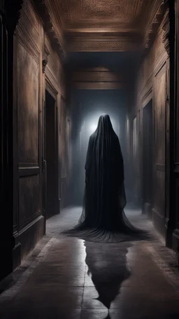 Hyper Realistic transparent black ghost between a huge dark hallway of a historical Indian palace with peeling wall paints at night