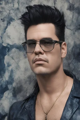 Elvis Presley, Billy Idol Hybrid, 4k UHD, photorealistic, ((big, full, plump, pouty lips:1.5)) black hair, big cat-eye eyeglasses, dark blue foggy gradated marble wall background, extremely detailed skin texture,