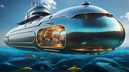 An unique futuristic glass and metal submarine in the ocean, with large of water surrounding it. The submarine bottom positioned in the center of the frame, providing a unique perspective on this streamlined high-techstructure and interior equipment underwater, high detalied, sharp focus, best shot, sci-fi mood