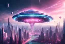 magnificent and luminous ufo, flying above a futuristic and cosmic city with pink and blue colored cristal building very sweet and pacefull