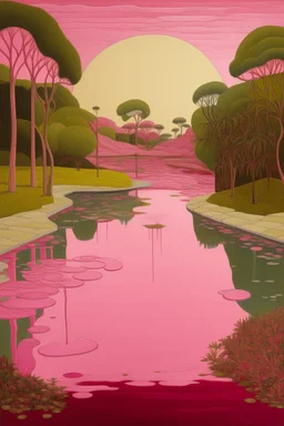A pink mystical oasis with soothing water painted by John Brack