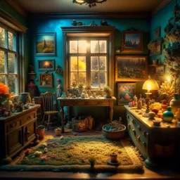 Diorama of old stuff in a room, sharp focus, 8k, 3d, very detailed, volumetric light, grim, fine art, very colorful, ornate, 35mm, F/2.8, insanely detailed and intricate, hypermaximalist, super detailed, decadent, landscape outside a window, fake