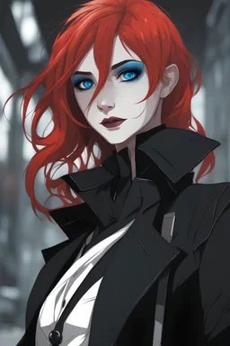 Thin, androgynous character with short, bright red hair. vivid sapphire blue eyes, goth makeup, dark gender neutral goth clothes, urban background, RWBY animation style