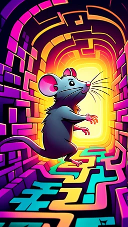 Sneak: "A cartoon rat glowing slightly as it dashes quickly through a maze, whimsical dungeon environment, playful, exaggerated motion, fantasy illustration, vibrant colors."