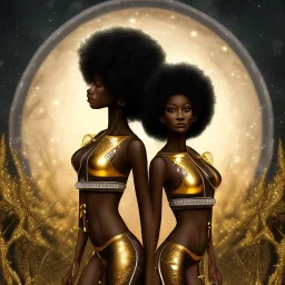 Biologically Female African American Twins, black skin, tall and slender, long afro kinky hair,big brown eyes, long eyelashes warrior wear. Big butts. Gold accents on clothing. Surround by trees. Holding golden spears. Starry night