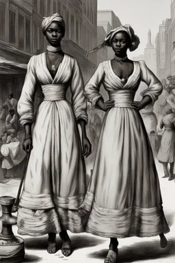 Visualize the bustling slave market in major U.S. cities. Show the duo dominating the trade, with emphasis on the transportation of 10,000 people. Include imagery of the "fancy girls" and their high market value