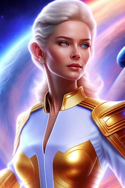 young cosmic woman admiral from the future, one fine whole face, large cosmic forehead, crystalline skin, expressive blue eyes, blue hair, smiling lips, very nice smile, costume pleiadian,rainbow ufo Beautiful tall woman pleiadian Galactic commander, ship, perfect datailed golden galactic suit, high rank, long blond hair, hand whit five perfect detailed finger, amazing big blue eyes, smilling mouth, high drfinition lips, cosmic happiness, bright colors, blue, pink, gold, jewels, realistic, real
