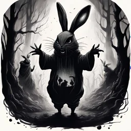 dramatic dark fantastical ink illustration, double exposure sinister face of an anthropomorphic ghostly fanged monster Bunny layered over cultists in ill-fitting tattered floppy-eared bunny onesie costumes dancing around a magical shining black egg cracking with dark energy, levitation, swamp at midnight, "Pan's Labyrinth" aesthetic, complex contrast, dynamic composition, sinister, unsettling, photo layering, masterpiece, scary, weird