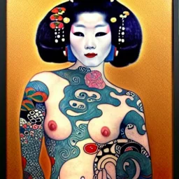 dibujo al oleo de cuerpo entero de una Geisha bella con tatuajes maorís estilo Gustav Klimt