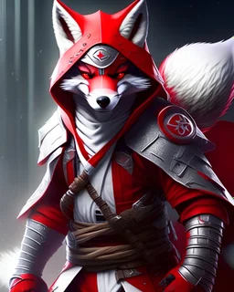 2d anthropomorphic wolf in red and white ninja suit