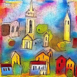 an abstract painting of a small town with church, mixed media, textured, highly detailed