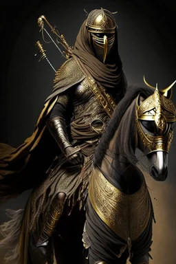 Arab warrior Full Body Full Armored Wearing Face Mask Iron Masculine Mysterious Powerful Fantasy High Quality Carrying his bow Golden clothes His horse behind him