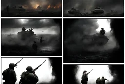 Masterpiece1:5)(Fineart), (award-winning:1.5), highest quality, (ultra realism:1.5) war journalism(,(by Tim Page and Hoorst Faas:1.5))(photorealistic:1.8), (Eastern Ukraine:(panel one:the moment after a battle ends, horrors of war, wounded men),(2nd panel, cinematic shot of men sitting in trench with 1000 yard stare (focus on their eyes:1.5)),(the third panel shows troops tired but hyper alert), (the fourth panel shows the sky is filled with incessant, fire and smoke,)