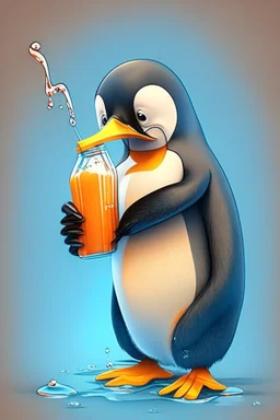 Cartoon character penguin drinking juices